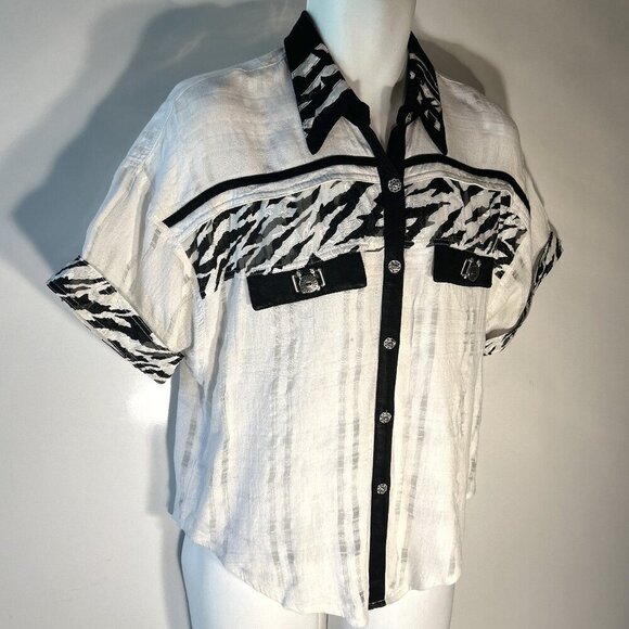 Kam Kam 80's Women's SZ L Ivory & Black button down Grunge Edgy Moto Animal - Picture 2 of 7